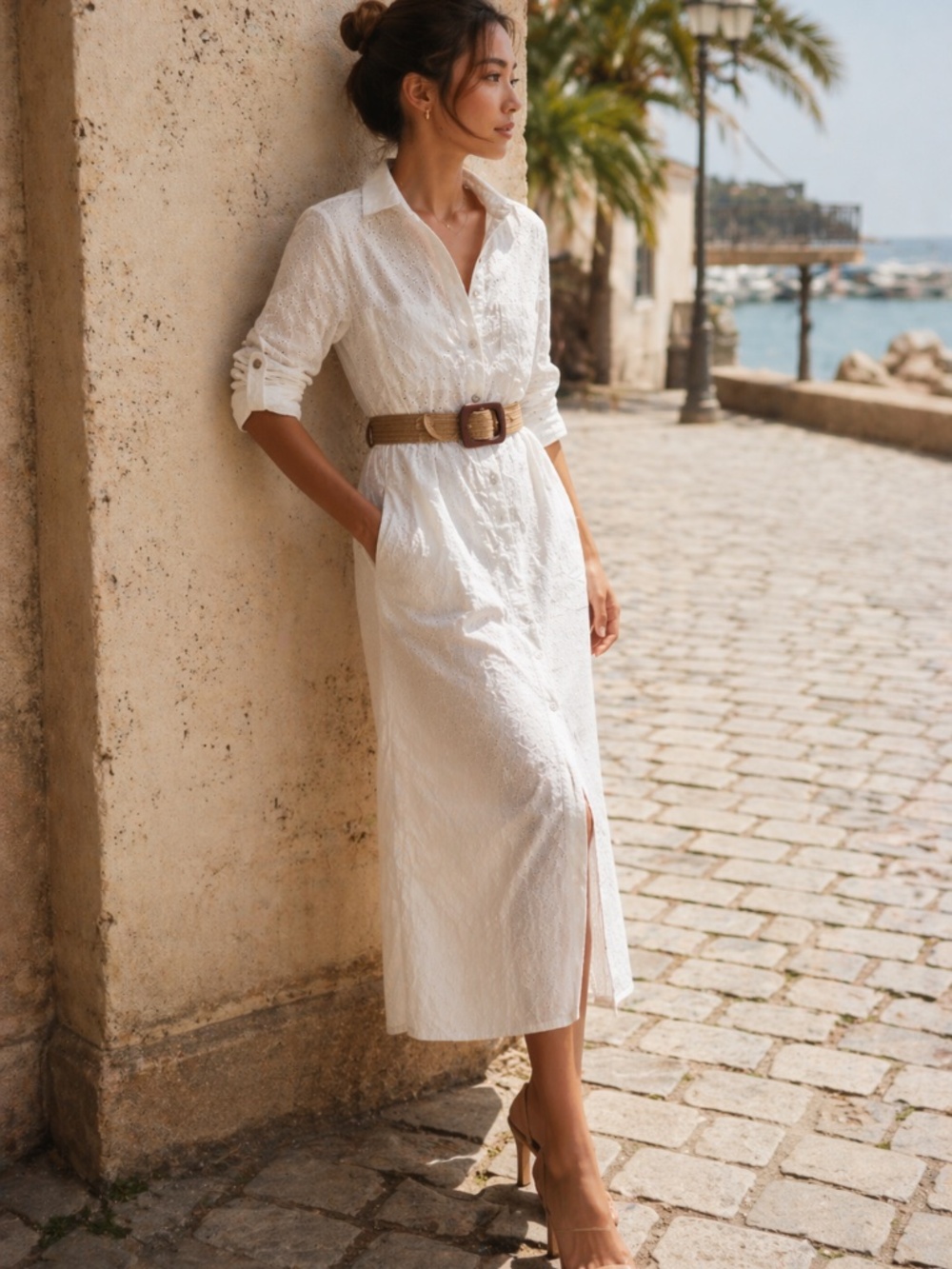 Zara White Button-Front Maxi Shirt Dress with Tan Belt